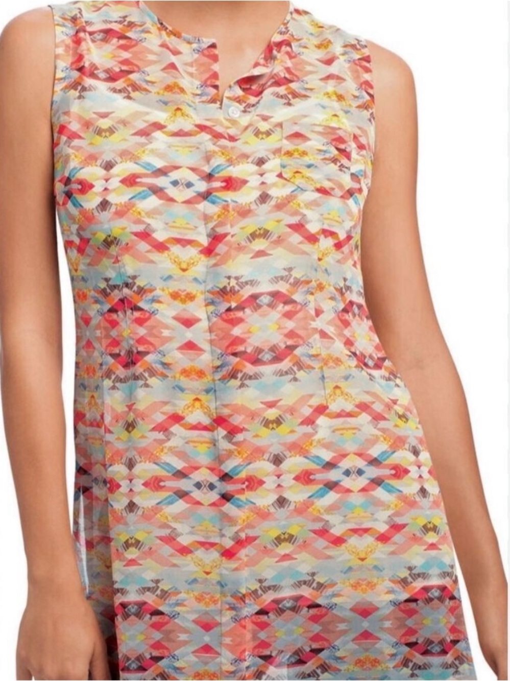 CAbi Sleeveless Printed Geometric Sheer Tunic Top - Multi colored size medium